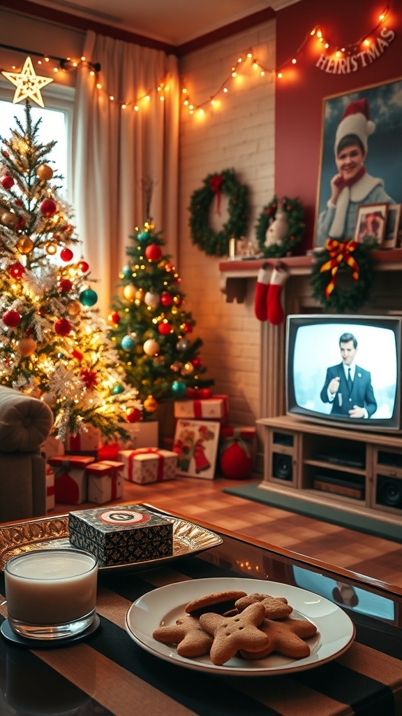Vintage 1960s Christmas Aesthetic 1960s Christmas living room with tinsel tree, retro lights, vintage cards, and holiday treats.